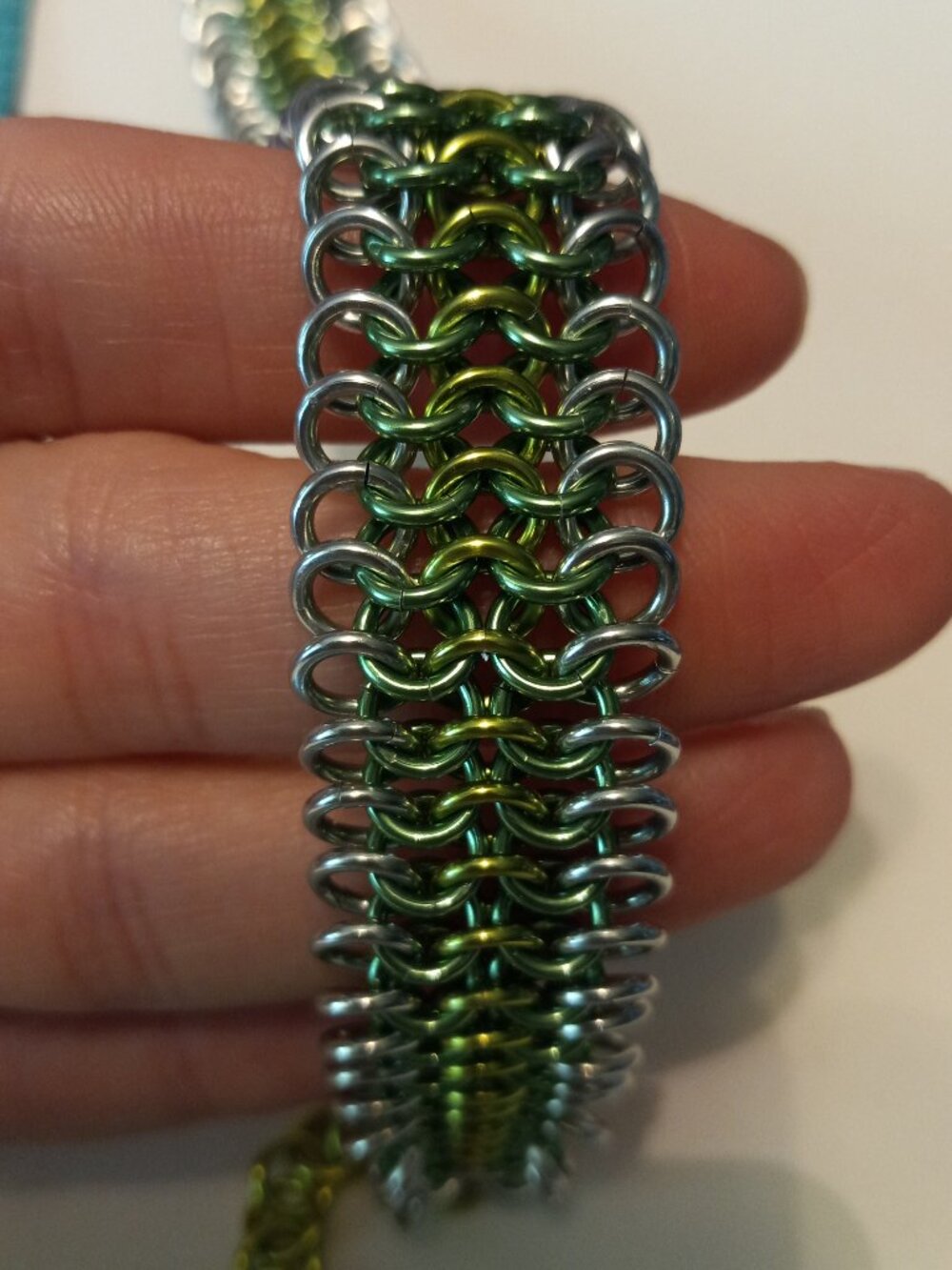 Green, Yellow, & Silver chain mail bracelet - Picture 2 of 10